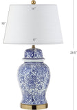 29.5" Blue/White Ceramic Table Lamp and Office, White Linen Drum Shade, Traditional Chinoiserie Ginger Jar Lamp
