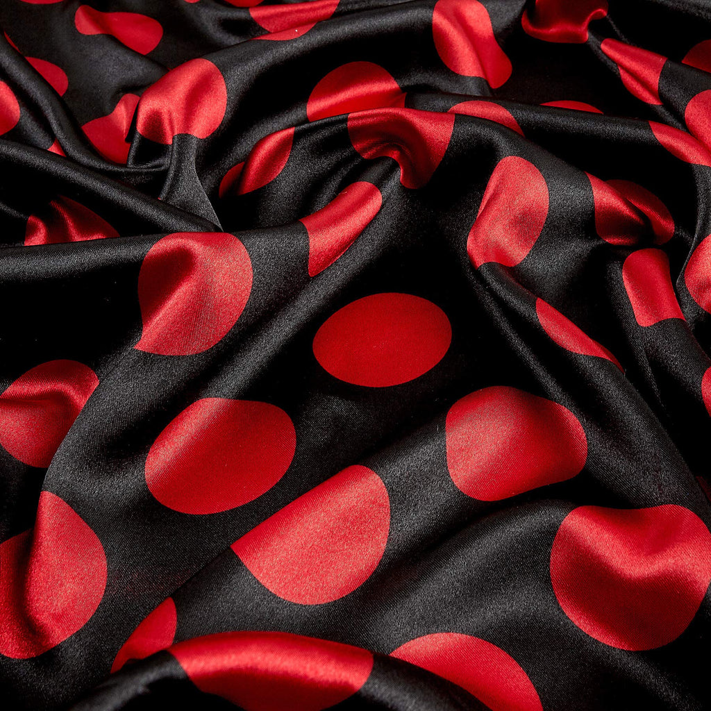 Charmeuse Satin Polka Dot Black/Red, Fabric by the Yard