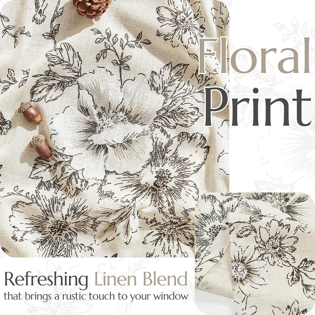 Floral Linen Tier Curtains 36 Inch Farmhouse Botanic Cafe Drapes for Small Windows Rustic Half Window Curtains for