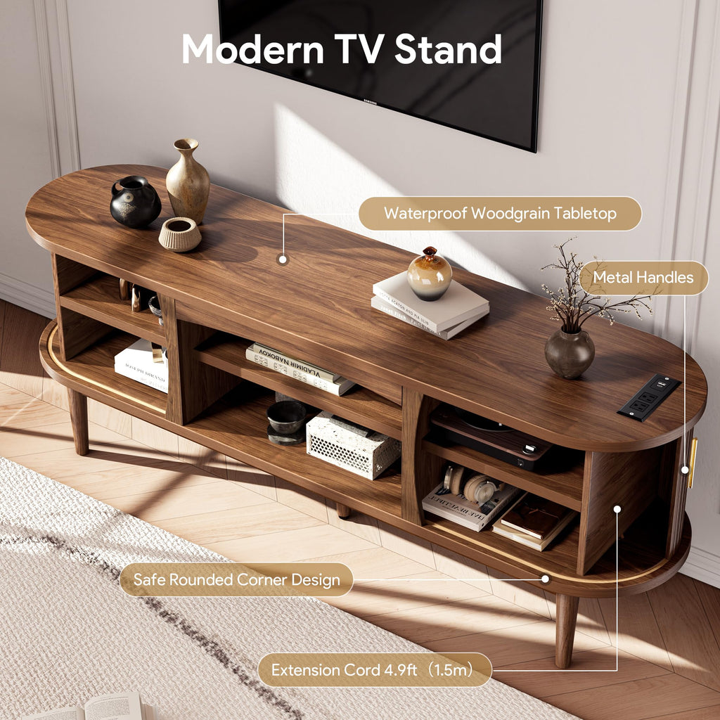 Mid Century TV Stand for TVs up to 70 Inches Entertainment Center with Storage, Power Outlet, Fluted Sliding Doors &