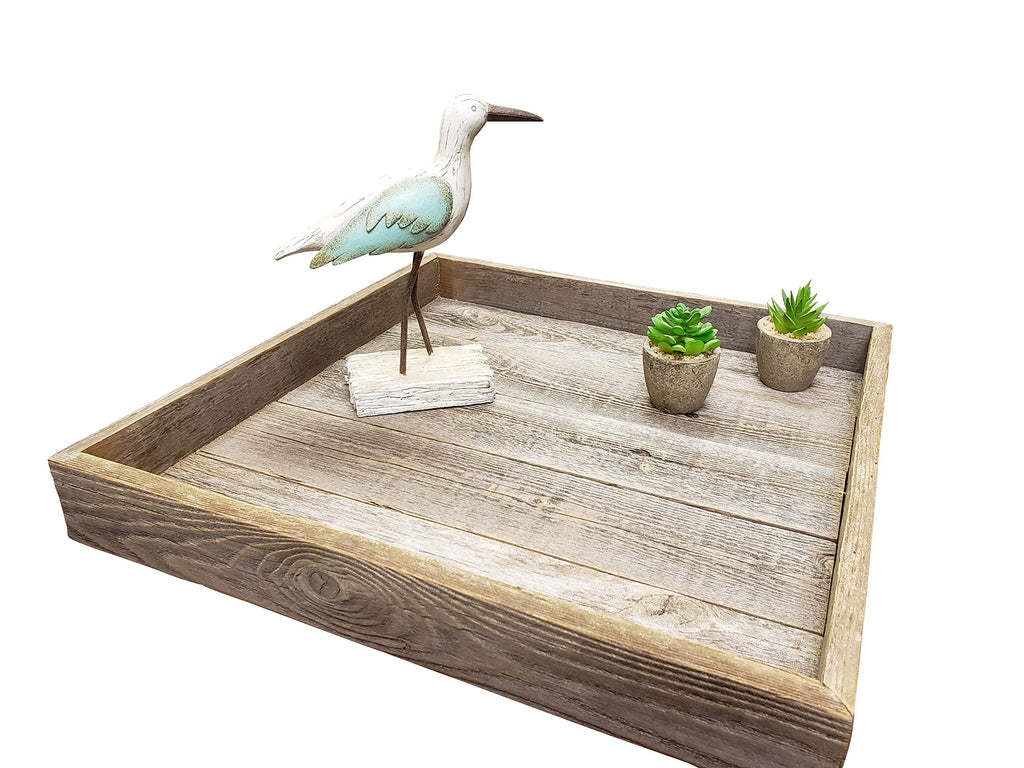 Farmhouse Rustic Weathered Reclaimed Wood 18 x 18 Inch Square Ottoman Tray for Coffee Table or Kitchen Counter Decor