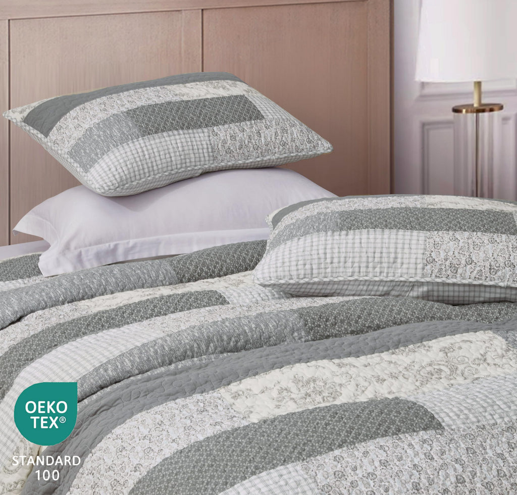 Caleb 3-Piece Muted Gray White Ivory Floral Plaid Rectangular Patchwork Quilt Set - Pre-Washed Cotton Quilted