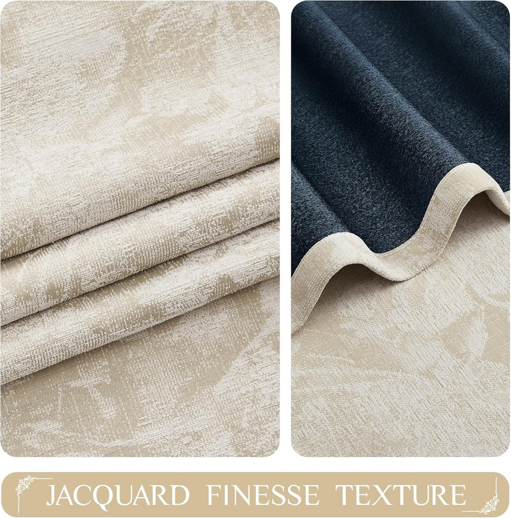 Beige Floral Jacquard Blackout Curtains 84 Inches Long 2 Panels for Bedroom Living Room Flower Chenille Room