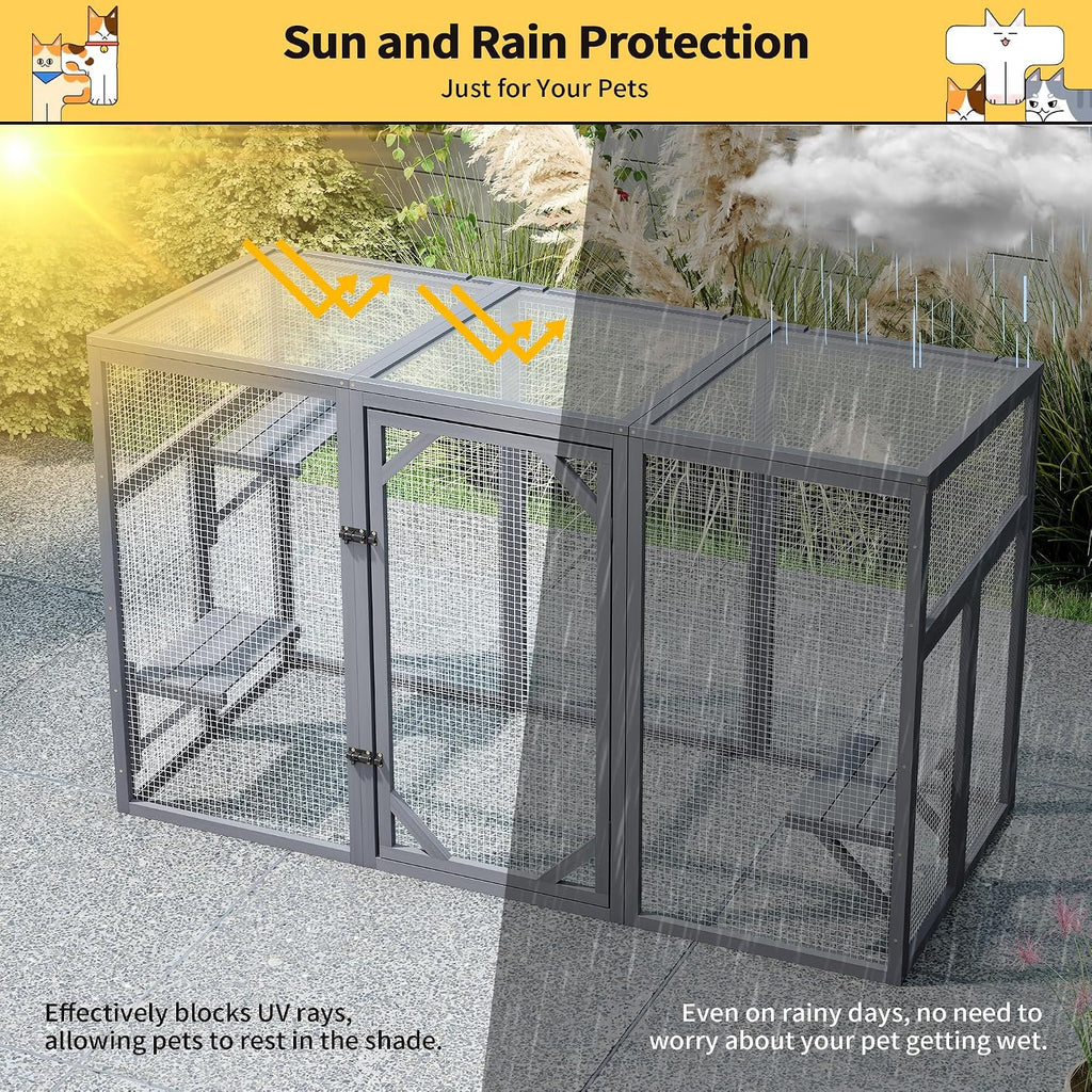 Outdoor Cat Catio House, Wooden Cat Habits with 3 Platforms, Lockable Doors, Top PC Sun Roof, Patio Yard Window