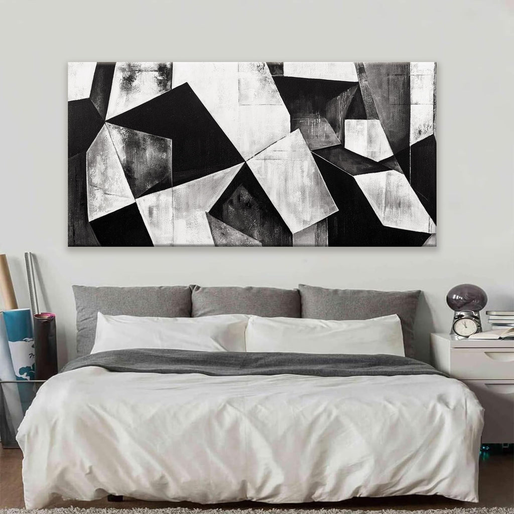 Large Abstract Wall Art Black And White Wall Art Geometric Color Block Line Painting Artwork Canvas Art Wall Decor