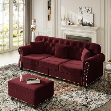 83" Velvet Chesterfield Sofa with Rolled Arms & Nailhead Trim & 1 Ottoman, Modern 3-Seater Button Tufted Couch with