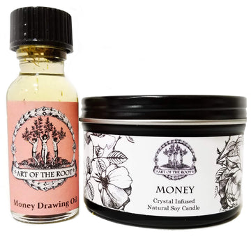 Money Drawing Mini Spell Set | 4 oz Soy Candle with Tiger's Eye Crystal & a 1/2 oz Oil | Wealth, Cash, Prosperity