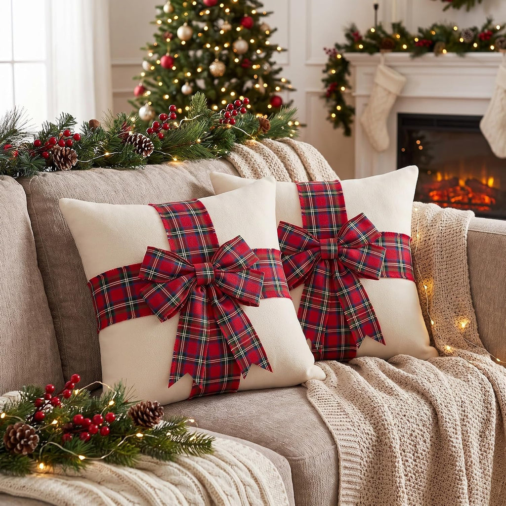 Christmas Pillow Covers with 3D Red Plaid Bow - Set of 2