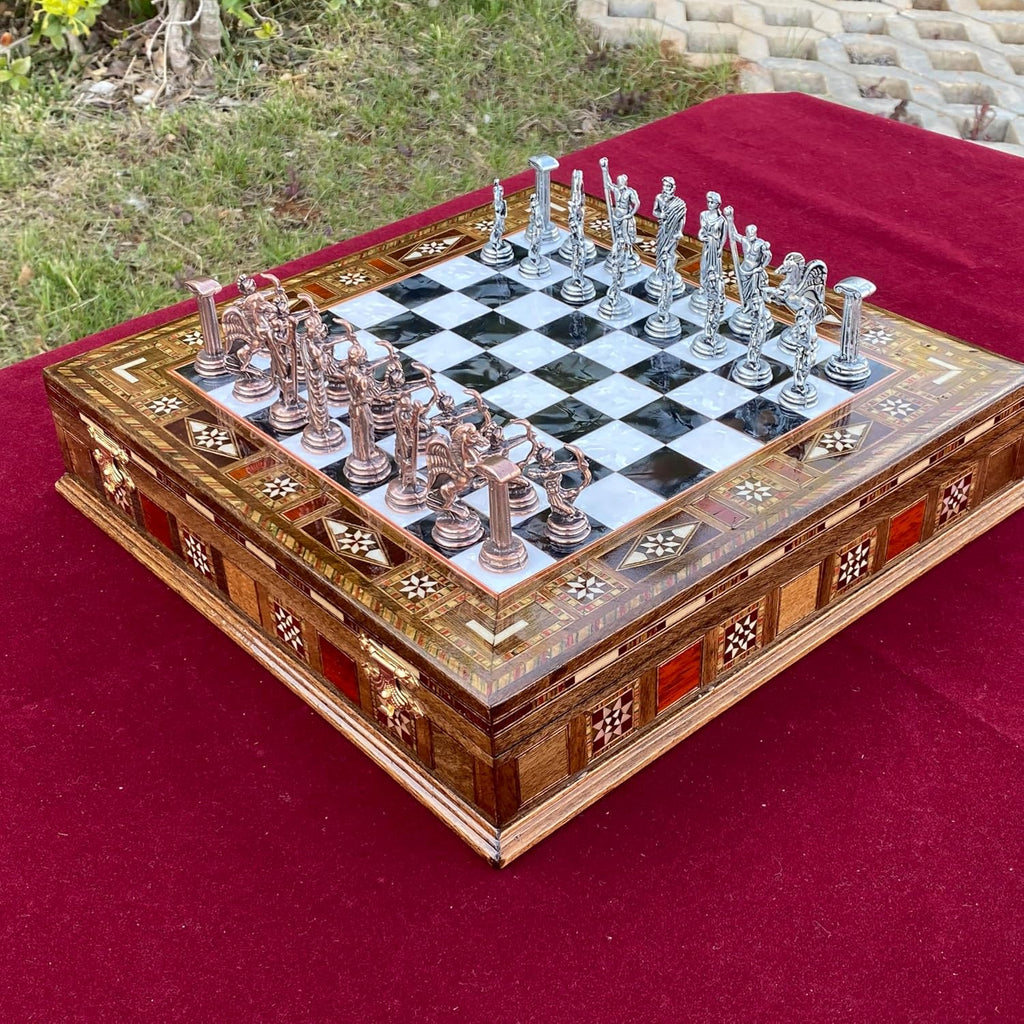 Luxury Greek Mythology Themed Chess Set- 12 inch Handmade Mosaic Chessboard with Storage- Ancient Greek Gods Inspired