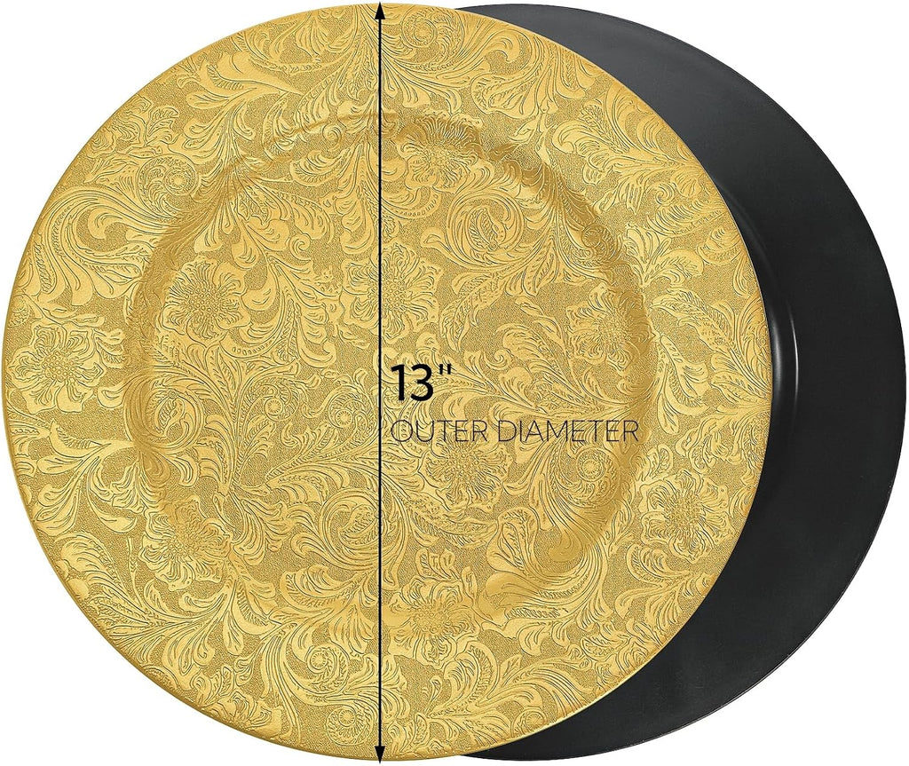 Gold Charger Plates, 13" Plastic Round Antique Plate Chargers for Dinner Plates, Floral Charger Plates - Set of 12