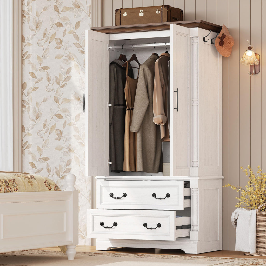 Armoire Wardrobe Closet 70" with 2 Drawers, White