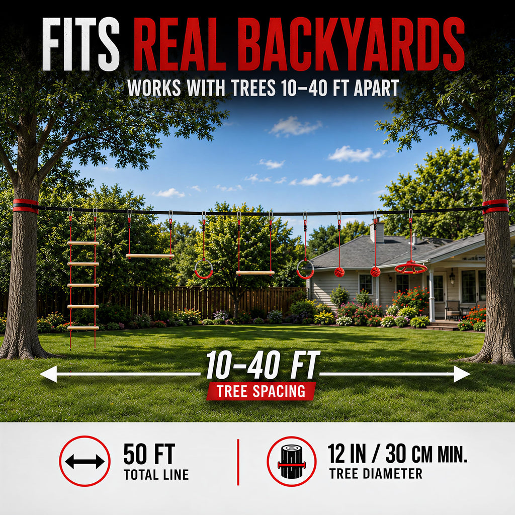 Warrior Obstacle Course Kids Outside - 50ft Backyard Slackline
