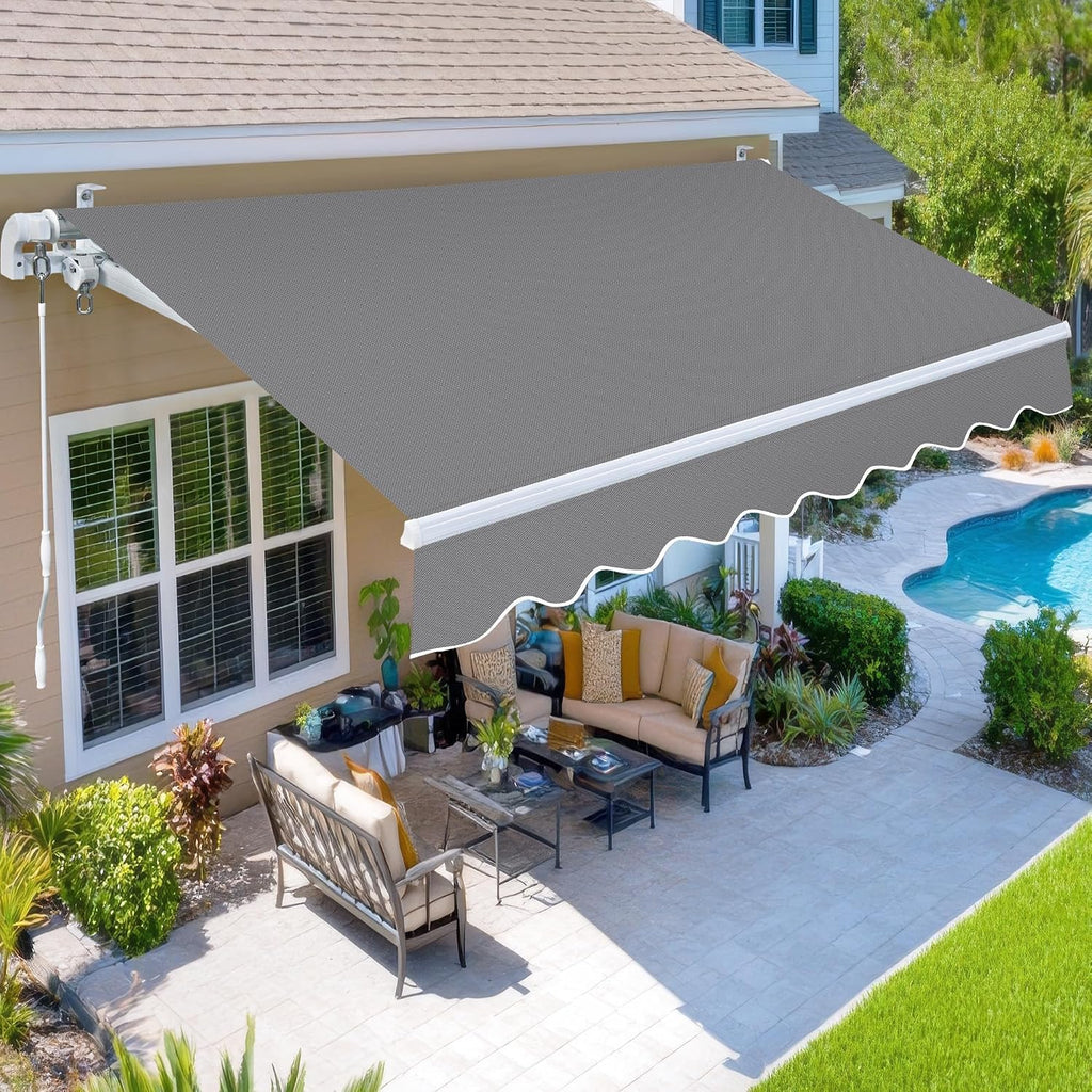 8.2'x6.5' Patio Awning Retractable Fully Assembled, Grey | Manual Sunshade Shelter Outdoor Deck Canopy Balcony Awning