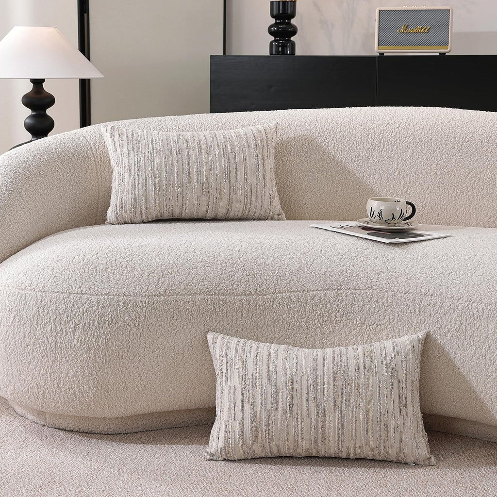 Striped Throw Pillow Covers 20x12 Set of 2 Beige Textured Boucle Chic Morden Boho Accent Farmhouse Decorative