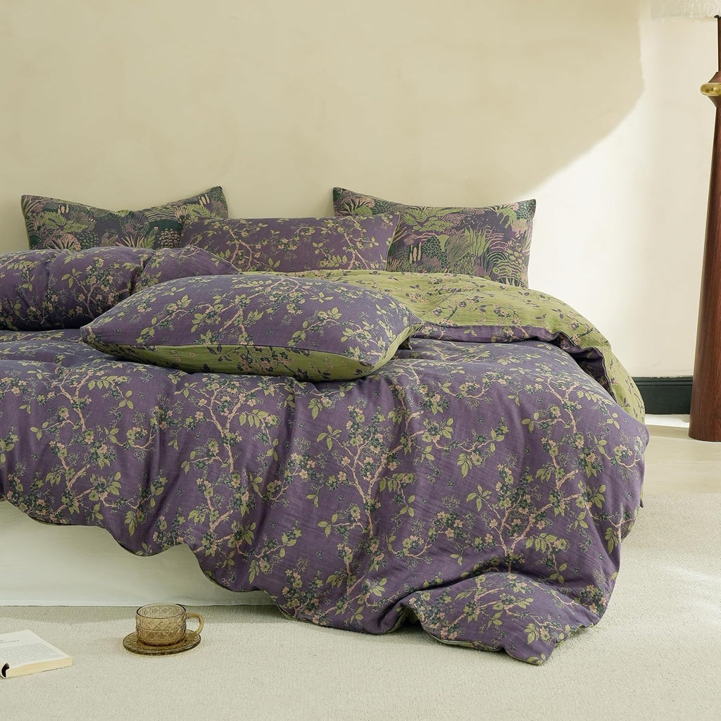 Muslin Duvet Cover Set Queen, 100% Washed Cotton 3 Pieces Yarn-Dyed Vintage Floral Jacquard Textured Bedding, Soft &