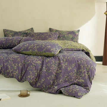 Muslin Duvet Cover Set Queen, 100% Washed Cotton 3 Pieces Yarn-Dyed Vintage Floral Jacquard Textured Bedding, Soft &