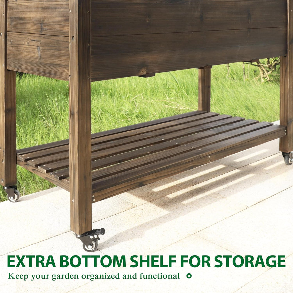 48x24x33in Cedar Raised Garden Bed, Planter Raised Beds with Lockable Wheels, Storage Shelf, Raised Garden Beds