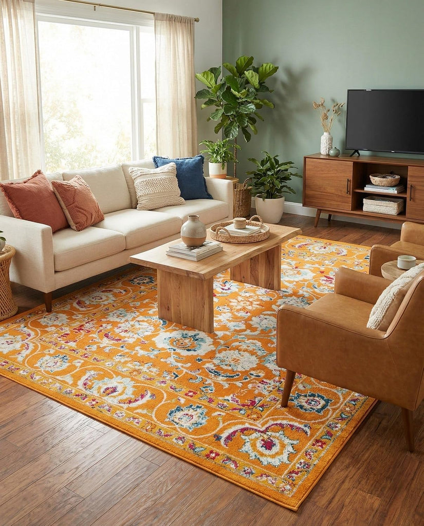 Aurelia Rug - 10' x 13' Orange Easy-Clean Area Rug - Vintage Traditional Medallion Design