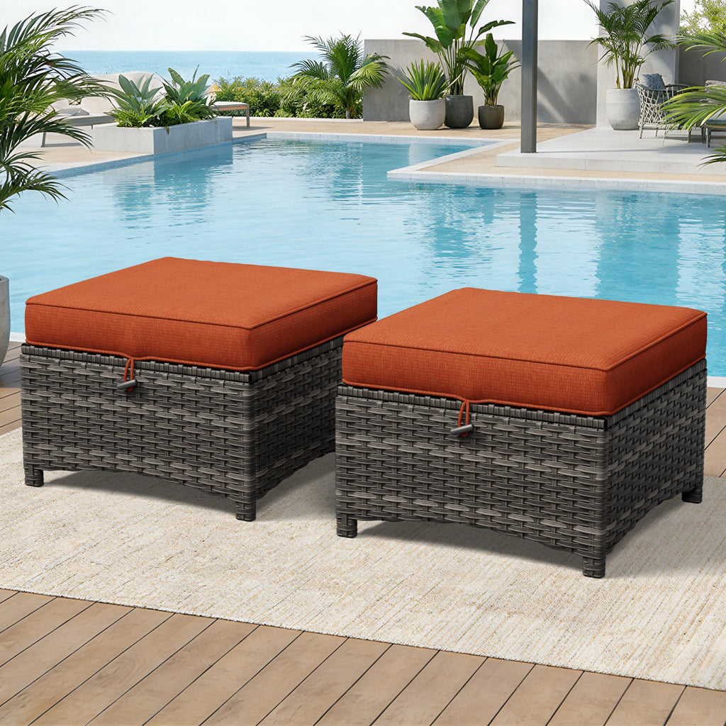 Patio Ottomans Set of 2, 22"x 22"x 18" Outdoor Wicker Footstool with Cushion, Orange, for Garden, Backyard, Deck