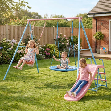 3-in-1 Swing Set for Backyard with Slide, Kids Outdoor Indoor Playset with Belt Swing, Saucer Swing and Heavy Duty