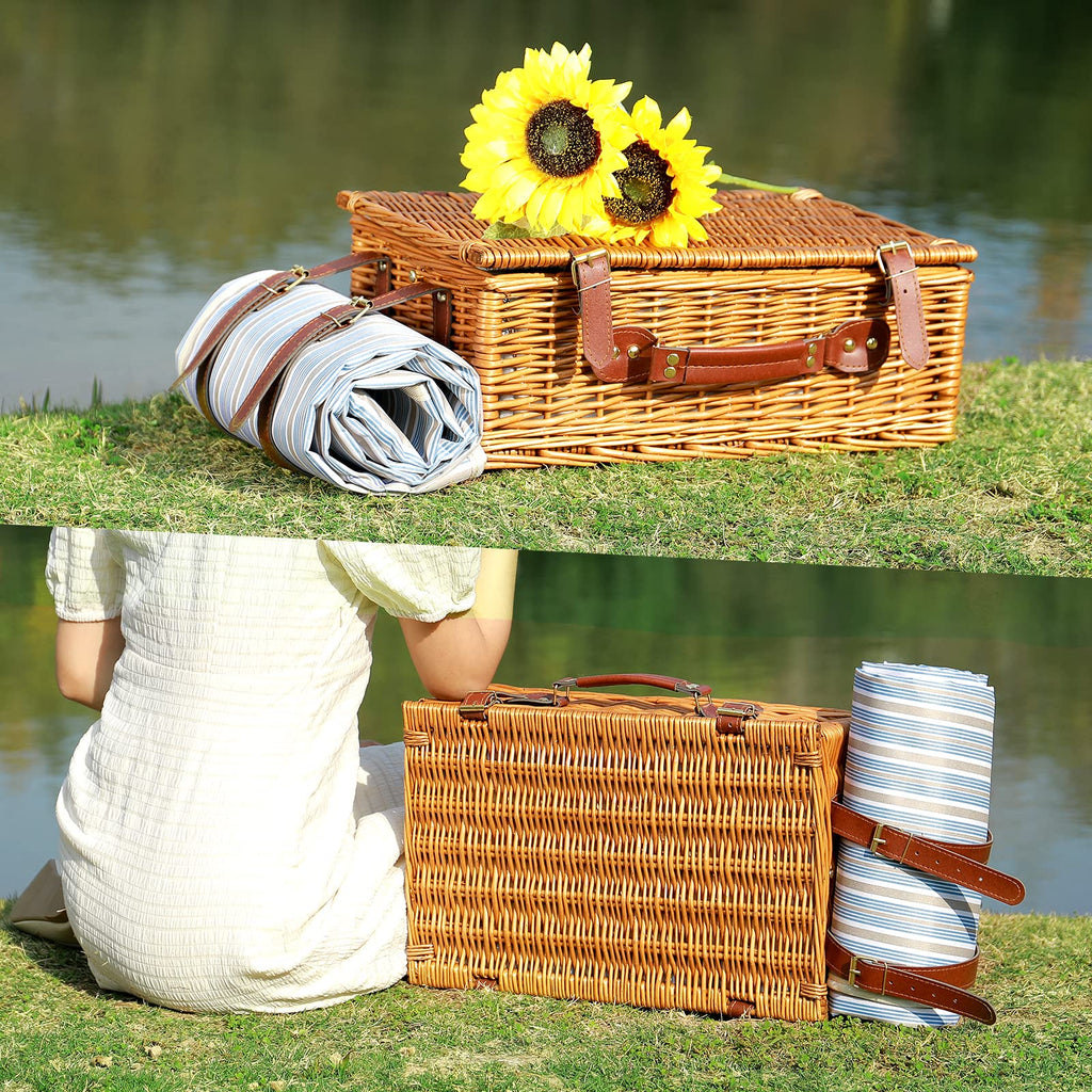 Wicker Picnic Basket for 4 with Waterproof Blanket Blue Stripes