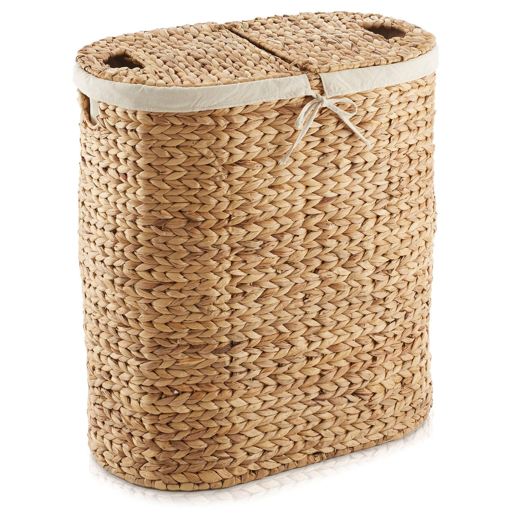 Oval Laundry Hamper with Lids and Removable Liner Bags - Natural, Woven Water Hyacinth 2-Section Laundry Basket