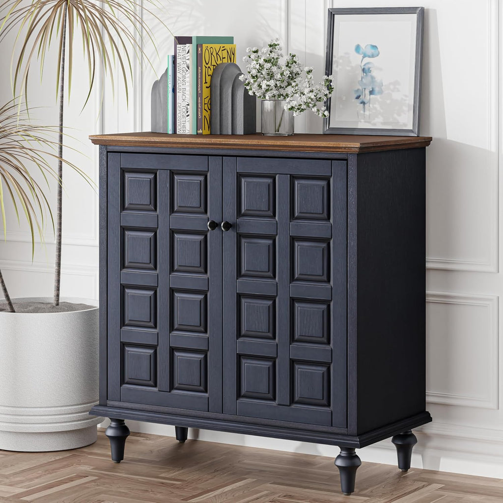 Retro 2 Door Storage Cabinet with Plaid Pattern Front, Vintage Side Table , Handles, Two-Shelves, Pine Wood, Dark