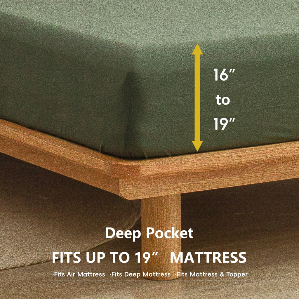 100% Washed Cotton Linen Feel Sheet Set, Solid Olive Green Queen