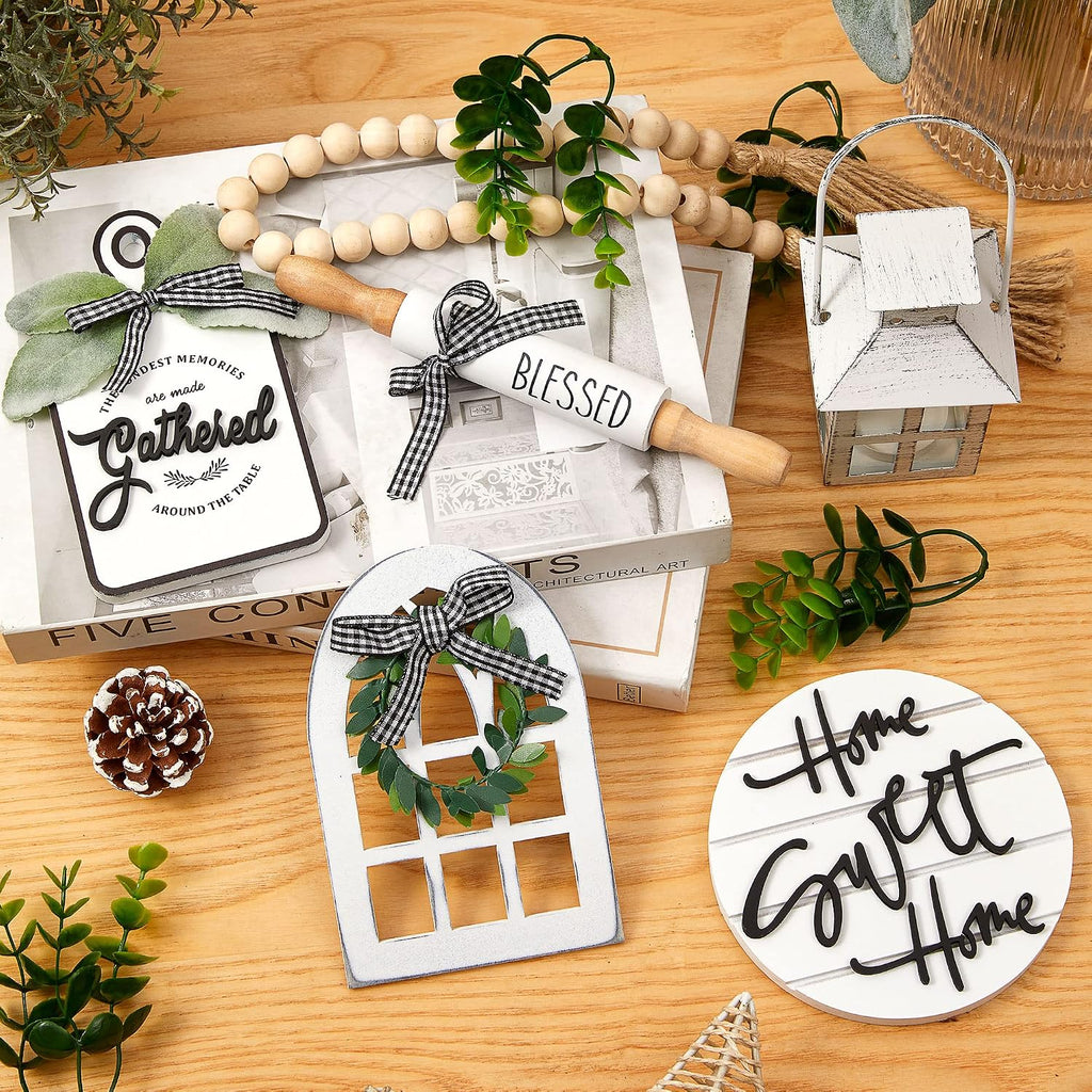 Farmhouse Tiered Tray with 1 Lantern Artificial Plant& Cutting Board Sign for Rustic Home Sweet Home - Set of 17