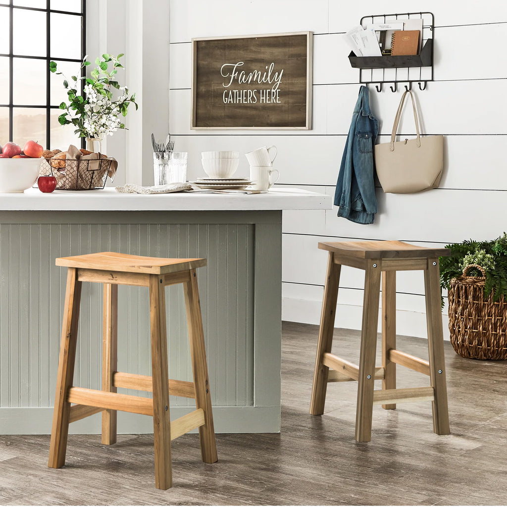Set 2 Solid Wood Bar Stools, Saddle-Seat Counter Height Stool, White Oak