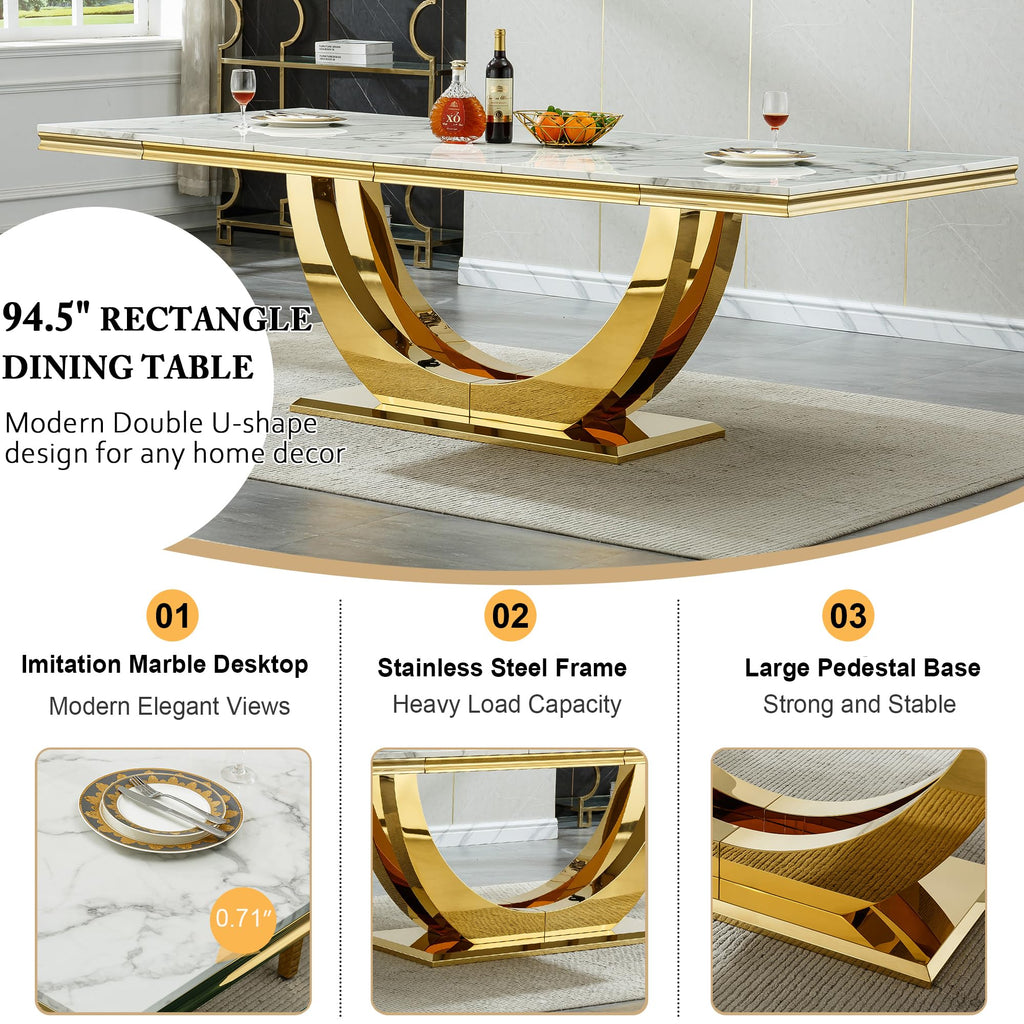 94.5" Large Marble Dining Table Set for 8, Luxury White Gold Kitchen Table with 8 Beige Velvet Dining Chairs, Modern