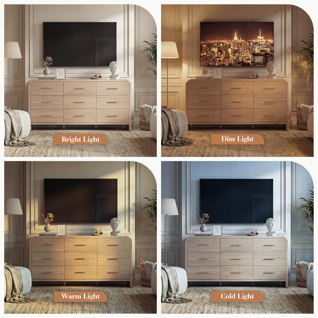 Curved 9-Drawer Dresser, 63" Wide Modern Chest of Drawers, Vanity Desk TV Stand, Closet Storage Drawers Organizer