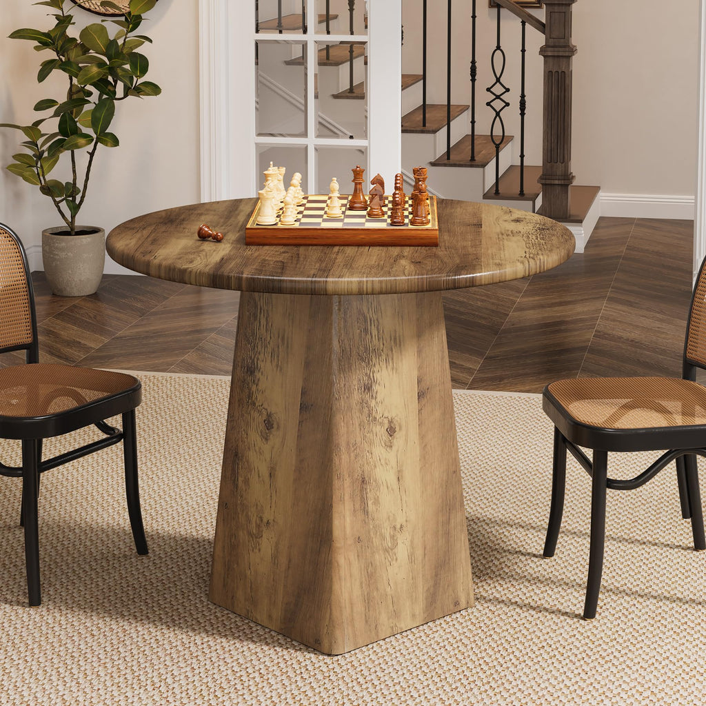 31.5-Inch Round Dining Room Table for 2-4, Farmhouse Small Kitchen Dinner Table with Square Base Living Room, Rustic