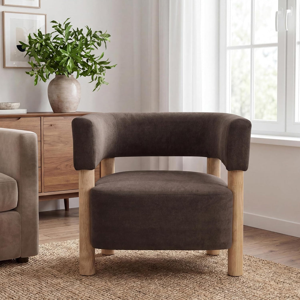 Carly Low Profile Accent Chair, Boucle Upholstered Barrel Chair, Comfy Reading Chair , Wooden Single Lounge Sofa