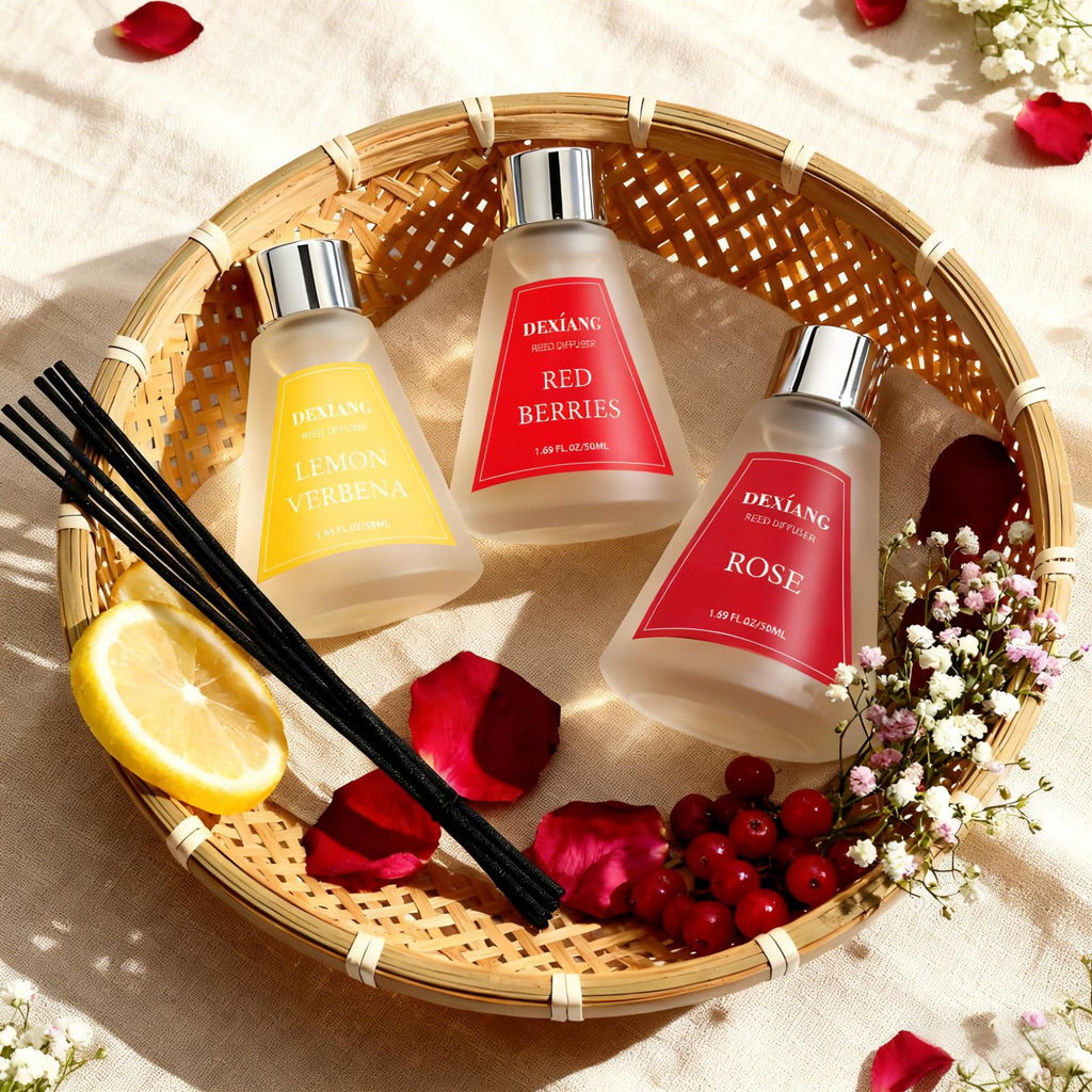 Reed Diffuser Set of 3 Packs, Lemon Verbena/Rose/red Berry Oil Diffuser Reed Diffuser for Decor 1.7 Fl.oz, Total 5.1Oz