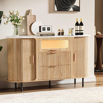 54" Modern Fluted Sideboard Buffet Cabinet with Storage, Oak | Mid Century Coffee Bar with Light & Slide Doors, 2