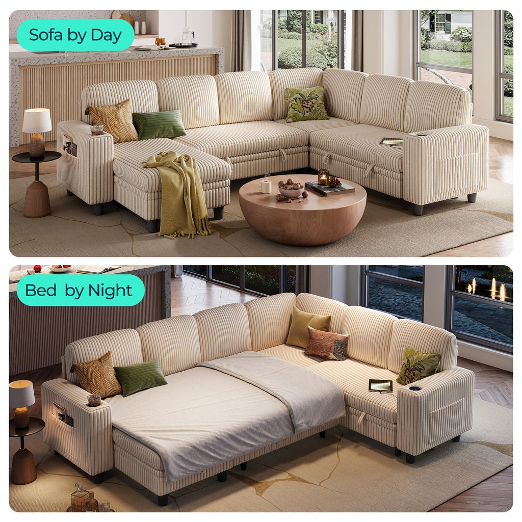 L Shaped Sectional Pull Out Couch, 6 Seats Corduroy Sleeper Sofa with Storage Chaise&Seat and Versatile Armrest, 106"