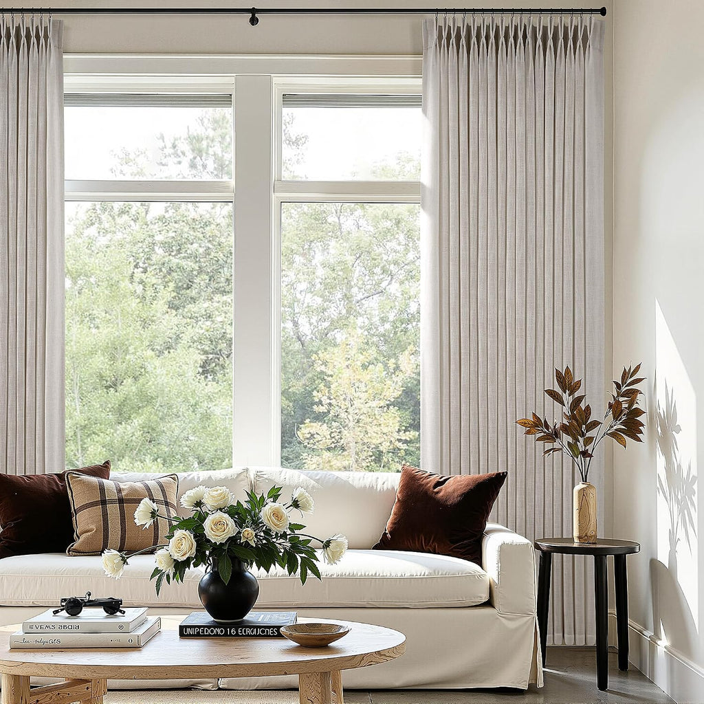 Pinch Pleated Linen Curtains 90 Inches Long 2 Panels for Living Room Bedroom Light Filtering Curtain Memory Shape