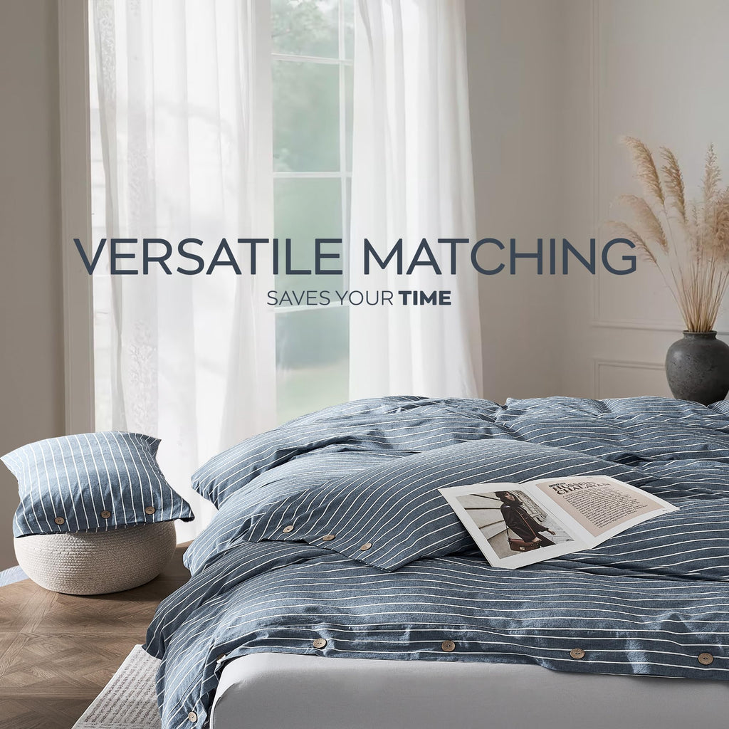 100% Washed Cotton Striped Duvet Cover Set, Linen-Like