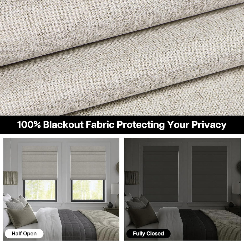 No Drill Roman Shades, Blackout, 28" W x 64" H, Beige | Cordless Blackout Window Shades with UV Protection, Polyester