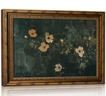 Vintage Gold Framed Wall art Dark Green Floral Canvas Wall Decor Moody Cottagecore Camellia Flower Botanical Artwork