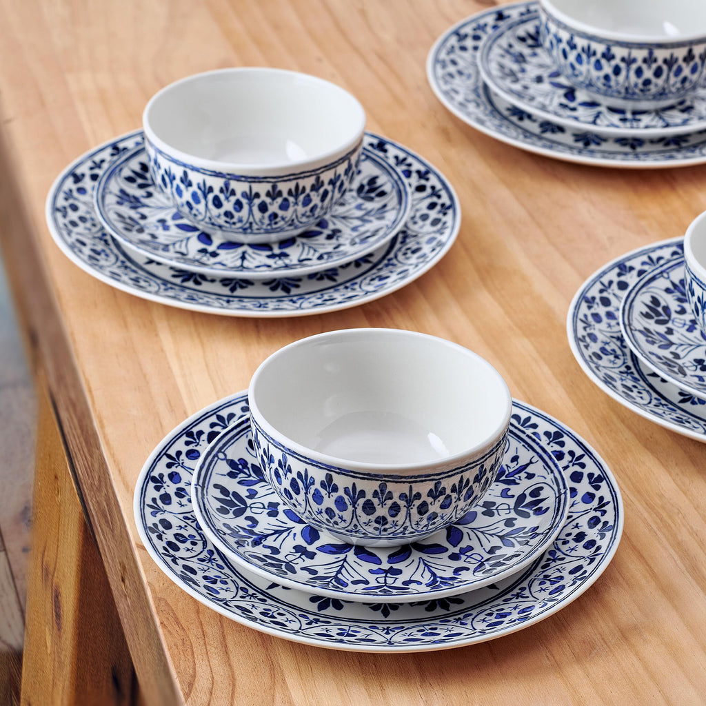 Medallion Radiance 12 Piece Stoneware Dinnerware Plate Bowl Dish Set, Service for 4, Blue
