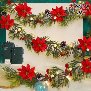 2 Pack Christmas Garland, 9' Pre-lit Artificial Xmas Flocked Garlands, Lighted Poinsettia Spruce Timer & Battery