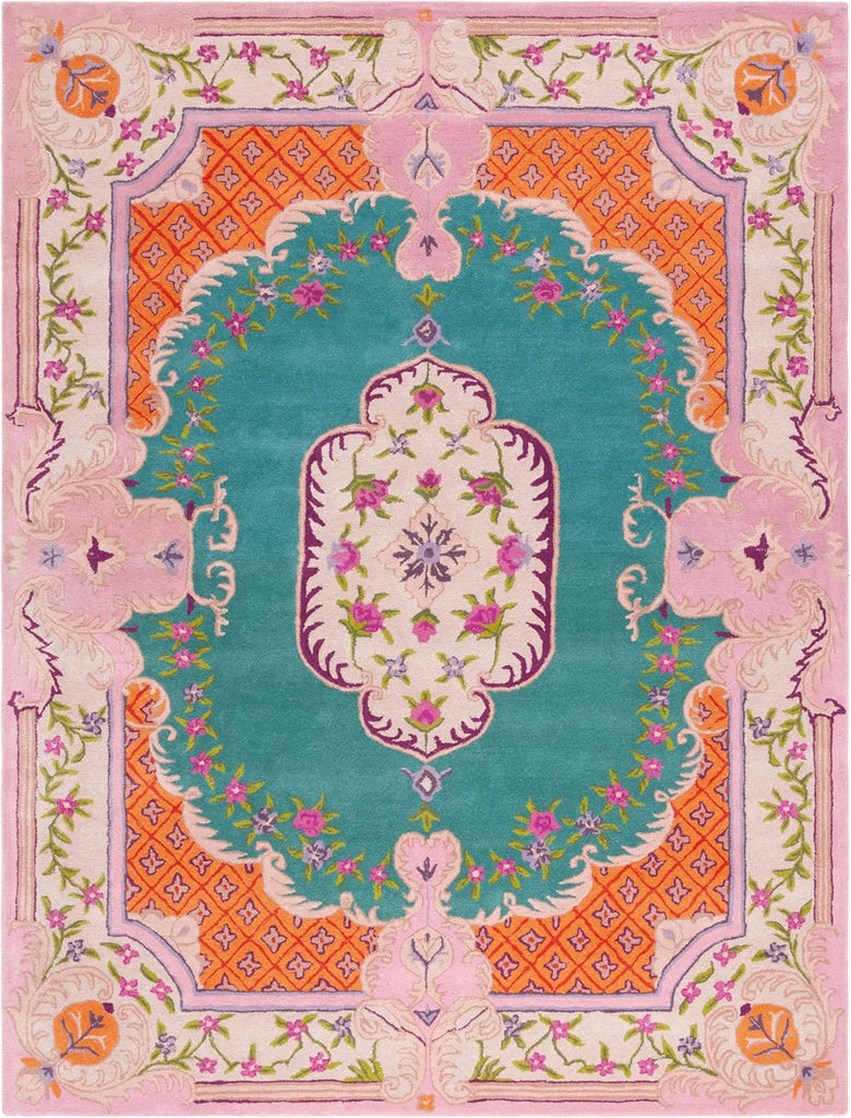 Bellagio Area Rug - 9' x 12', Blue & Pink, Handmade Medallion Wool