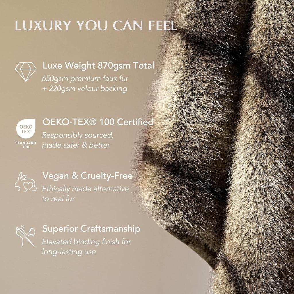 Luxury Faux Fur Throw Blanket, 50"x60", Ombré Sable Brown | Fluffy Faux Mink Blanket, Soft Cozy Plush, Thick Warm