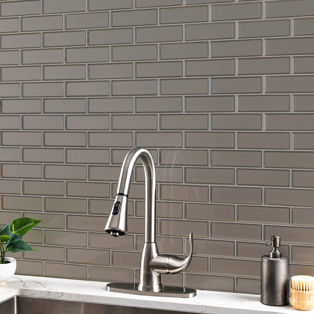 Glass Mesh Mounted Mosaic Tile | Champagne Bevel Subway | 2" x 6"