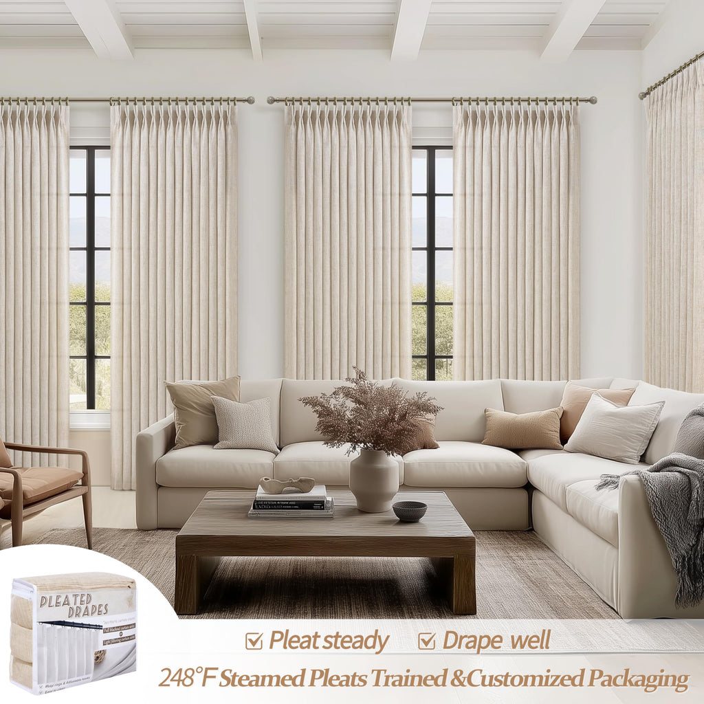 Linen Semi Sheer Large Curtains 102 Inches Long 2 Panels Set, Memory Trained Pinch Pleated Extra Wide Light