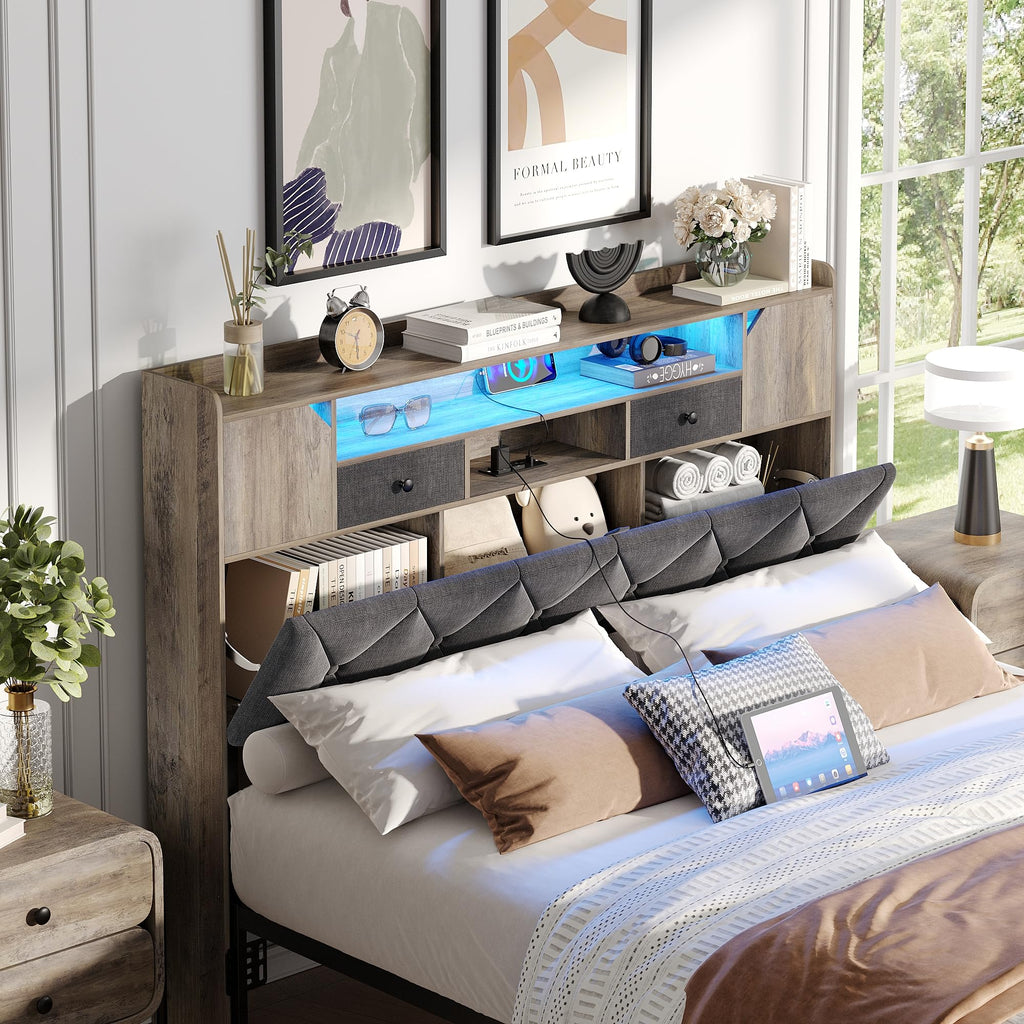 Headboard for Queen Size Bed with Storage, Upholstered Headboard Only, Wood Head Board with Charging Station and Led