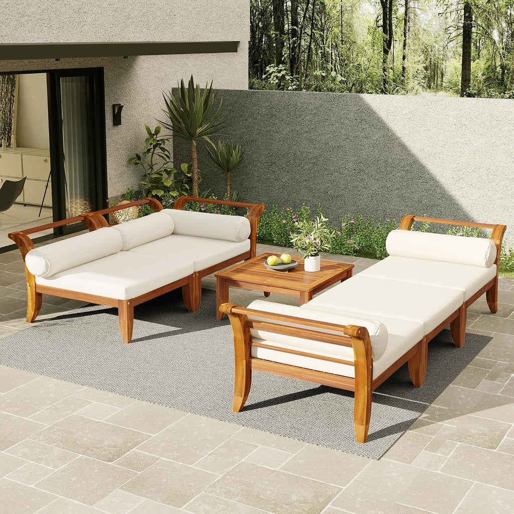 6 Piece Patio Sofa Set, Acacia Wood Outdoor Modular Sectional Garden Furniture Set, L-Shaped Conversation Set with