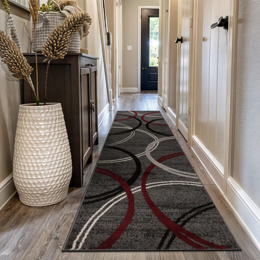 Wavy Circles Modern Non-Shedding Runner Rug Red 2'7" x 8'